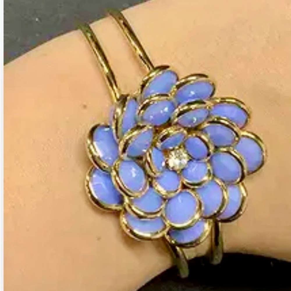 Lavender Enamel Flower Cuff Bracelet – Gold Tone Vintage Style - Picture 2 of 4